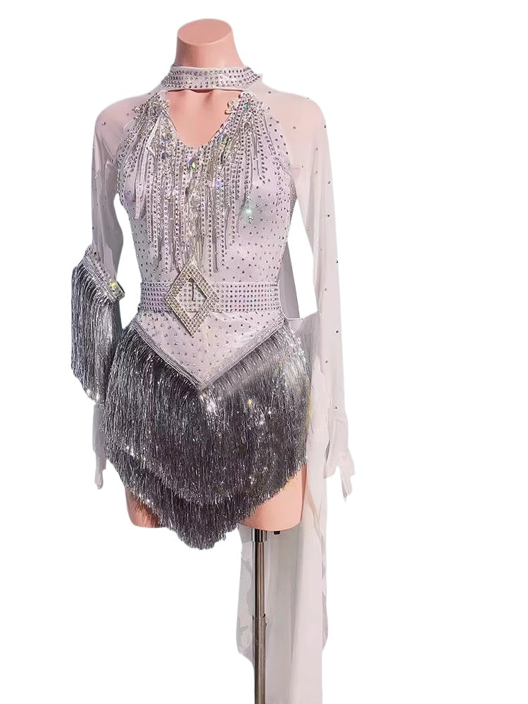 silver latin dance dress Silver Latin Dance Dress with Full of Stones and Beaded Fringe L0099