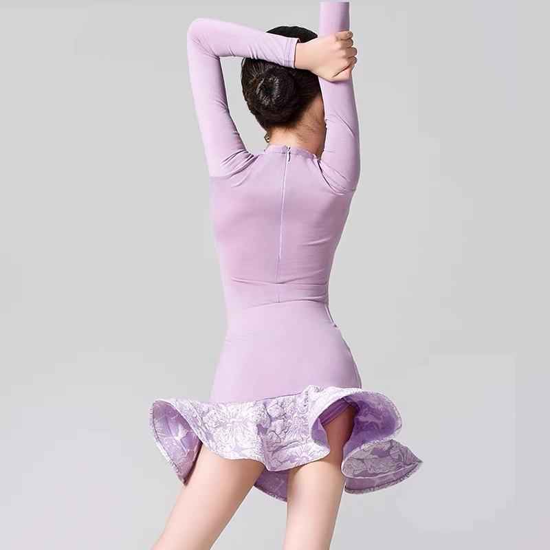 Girls Latin Dance Dresses Light Purple Flowers Salsa Rumba Chacha Performance Costumes Professional Dance Wear for Kids