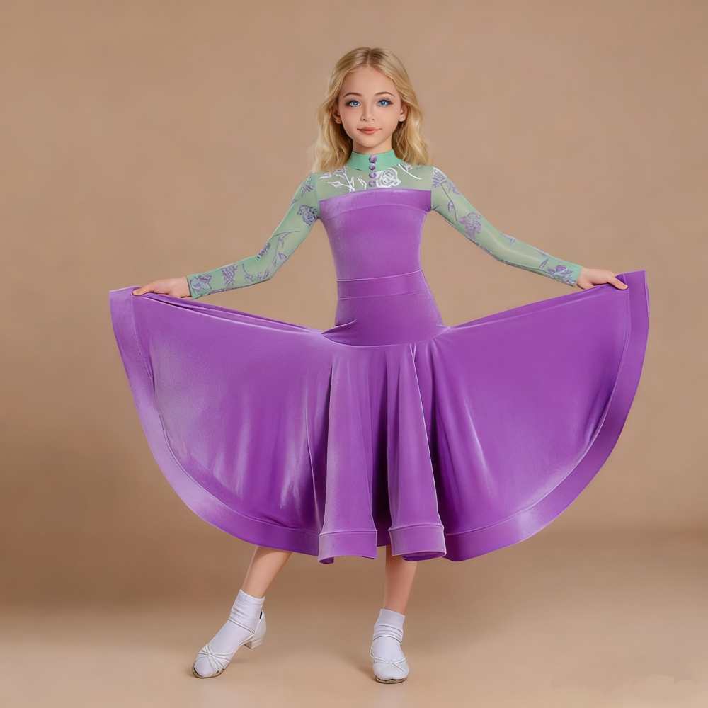 Girls Ballroom Dance Dresses Green Flowers Purple Pink Velvet Waltz Tango Dance Costumes for Kids Party Ball Performance Skirts