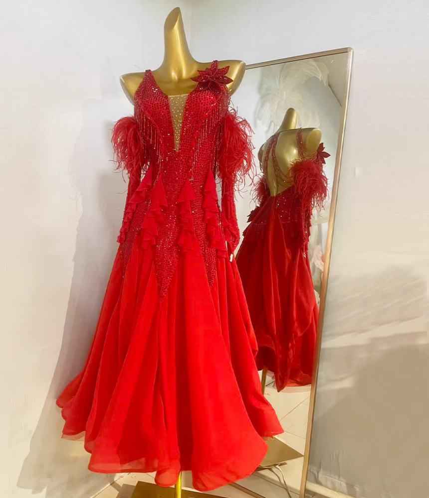 Custom Size Competition Ballroom Dance Dresses for Women Girls Navy Red Waltz Tango Flamenco Dancing Costumes