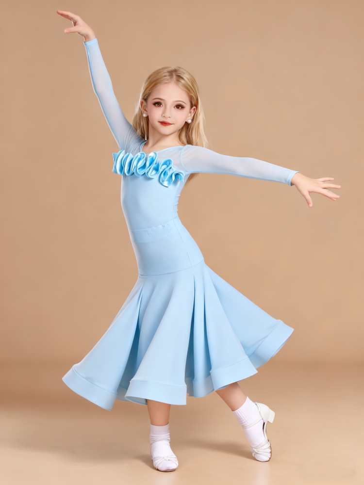Girls Ballroom Dance Dresses Pink Blue Ruffles Waltz Tango Latin Ballroom Dance Dress for Kids Waltz Dancing Swing Skirts