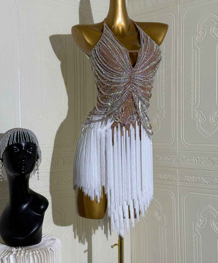 white salsa dress Custom Size Flesh with White Fringe Latin Dance Dress Salsa Chacha  Blackpool Dance Wear – Moderndancedress.com