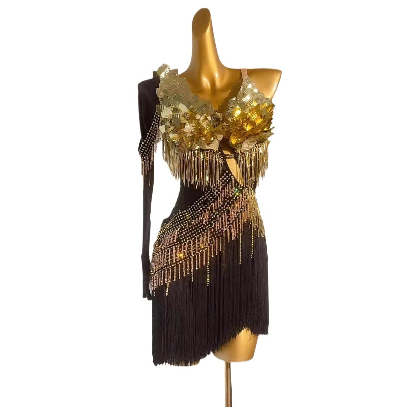 Custom Size Gold Silver Sparkling Fringe Latin Dance Competition Dress Moderndancedress.com Custom Size Gold Silver Sparkling Fringe Latin Dance Competition Dress Moderndancedress.com
