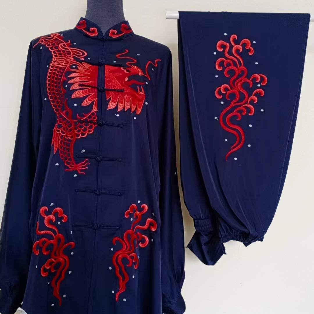 Customized size Navy Competition tai chi clothing embroidered dragon phoenix wushu martial arts performacne uniforms for unisex morning exercise clothes - Moderndancedress.com