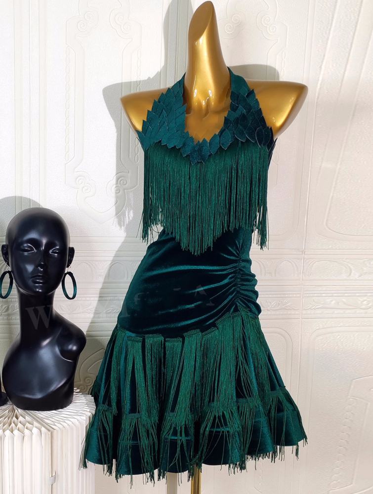 Custom Size Dark Green Velvet Competition Latin Dance Dresses for Women Fringe Salsa Rumba Chacha Performance Costumes