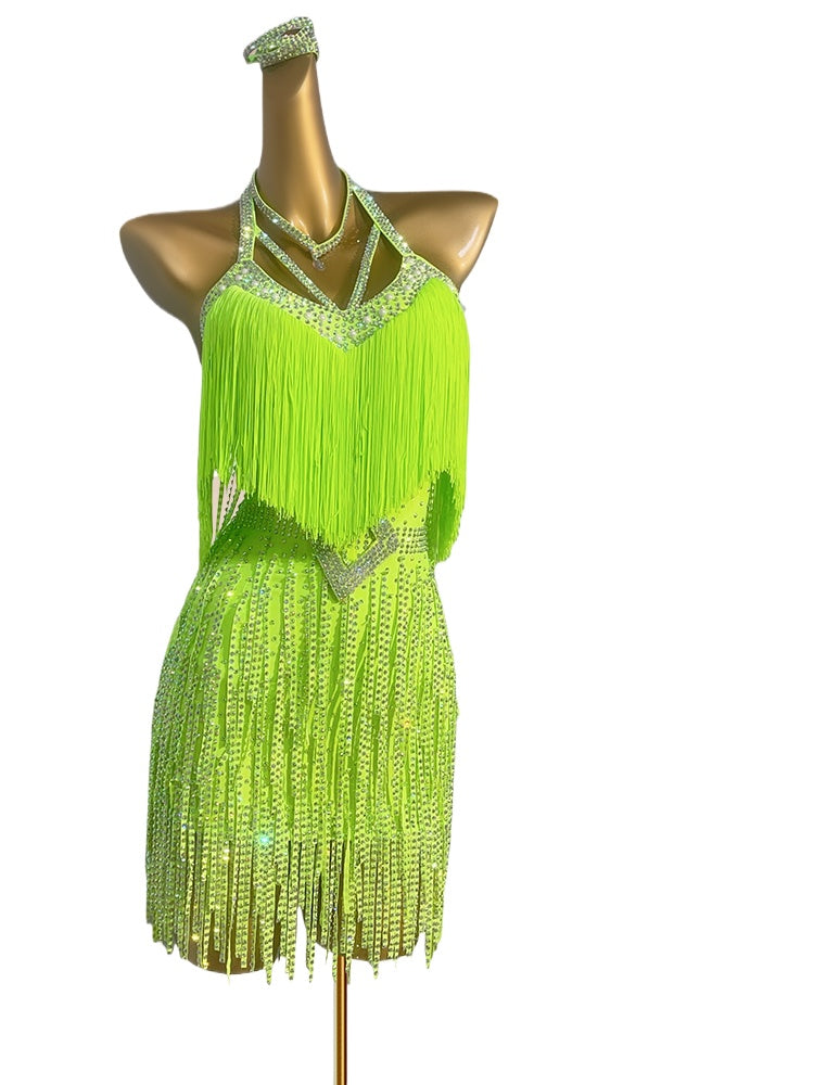 Custom Size Neon Green Orange Competiiton Latin Dance Dresses for Women Girls Stones Fringe Salsa Rumba Custom Size Neon Green Orange Competiiton Latin Dance Dresses for Women Girls Stones Fringe Salsa Rumba