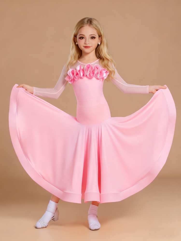 Girls Ballroom Dance Dresses Pink Blue Ruffles Waltz Tango Latin Ballroom Dance Dress for Kids Waltz Dancing Swing Skirts