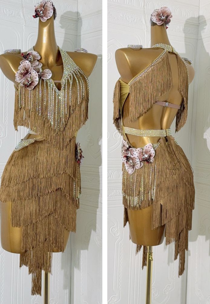gold latin dress Shiny Gold Mesh Latin Dance Dress Rhythm Dress Golden Fringe Latin Dress L0013