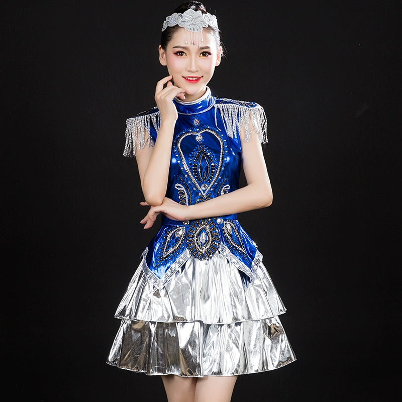 Jazz Dance Costumes Modern Dance Costume Jazz Dance Costume Blue Sequin Square Adult Female Opening Dance Short Skirt Suit –