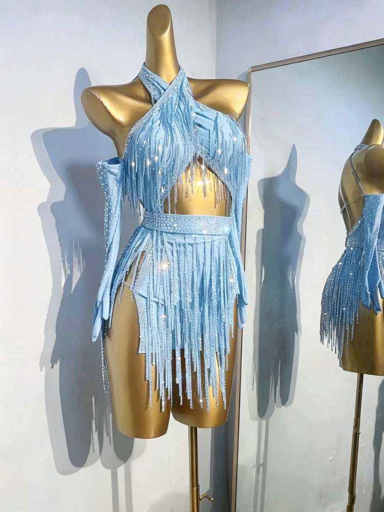 Custom Size Bling Fringe Latin Dance Dress for Women Light Blue Lavender  Blackpool Dance Wear – Moderndancedress.com