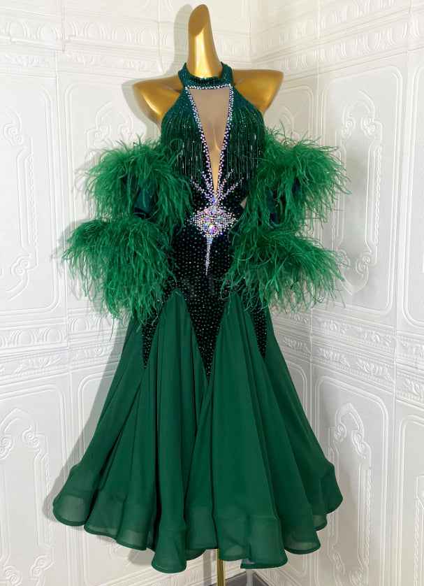 Custom Size Dark Green Feather Ballroom Dance Dresses for Women Waltz Tango Smooth Dance Long Gown Moderndancedress.com Custom Size Dark Green Feather Ballroom Dance Dresses for Women Waltz Tango Smooth Dance Long Gown Moderndancedress.com