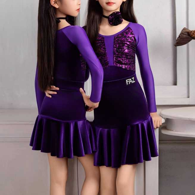 Girls Latin Dance Dresses Violet Velvet Glitter Leopard Salsa Rumba Chacha Ballroom Performance Costumes