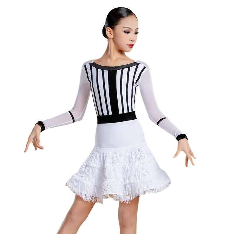 Girls Black White Stripe Fringe Competition Latin Dance Dresses for Kids Children Salsa Rumba Chacha Ballroom Performance Outfits – Moderndancedress.com Girls Black White Stripe Fringe Competition Latin Dance Dresses for Kids Children Salsa Rumba Chacha Ballroom Performance Outfits – Moderndancedress.com