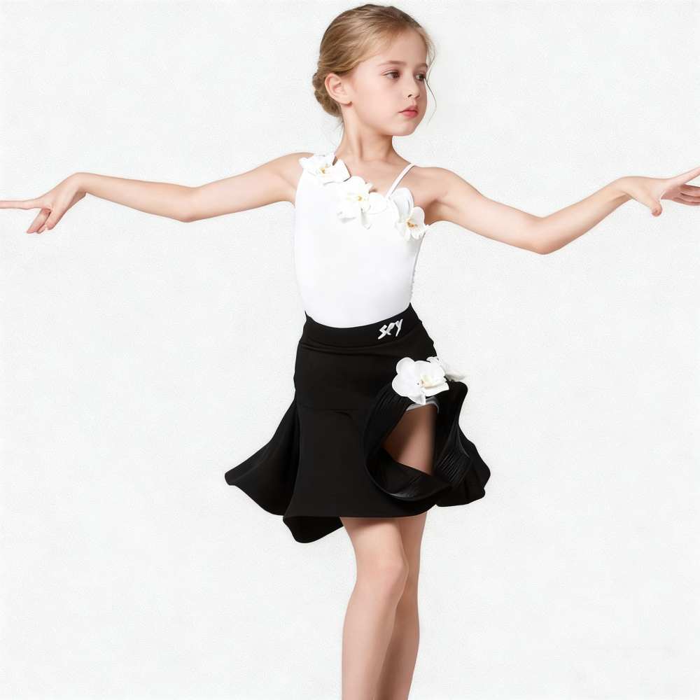 Girls Latin Dance Dresses for Kids Children White Flowers Slant Neck Salsa Rumba Chacha Flowers Latin Dance Costumes