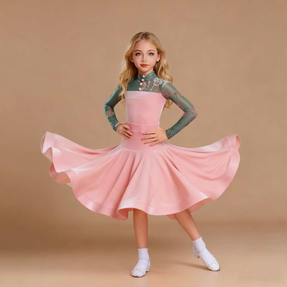Girls Ballroom Dance Dresses Green Flowers Purple Pink Velvet Waltz Tango Dance Costumes for Kids Party Ball Performance Skirts