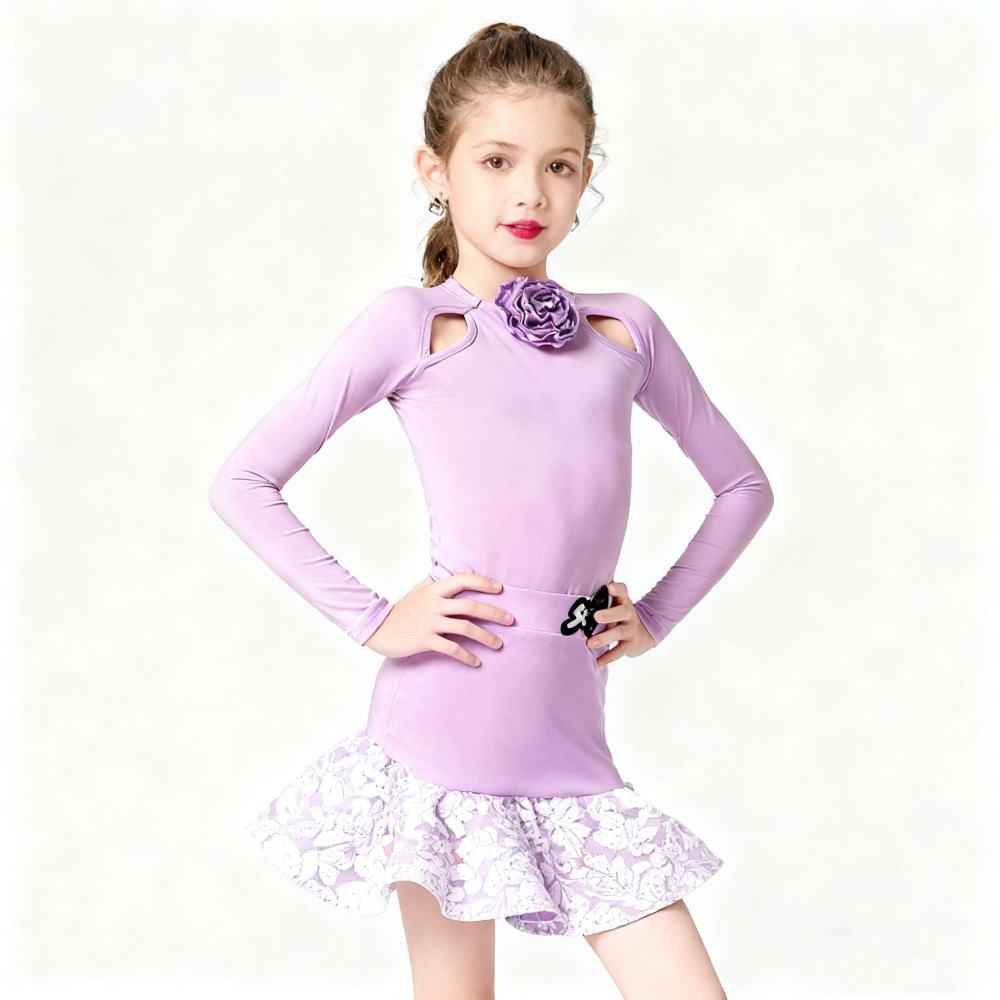 Girls Latin Dance Dresses Light Purple Flowers Salsa Rumba Chacha Performance Costumes Professional Dance Wear for Kids