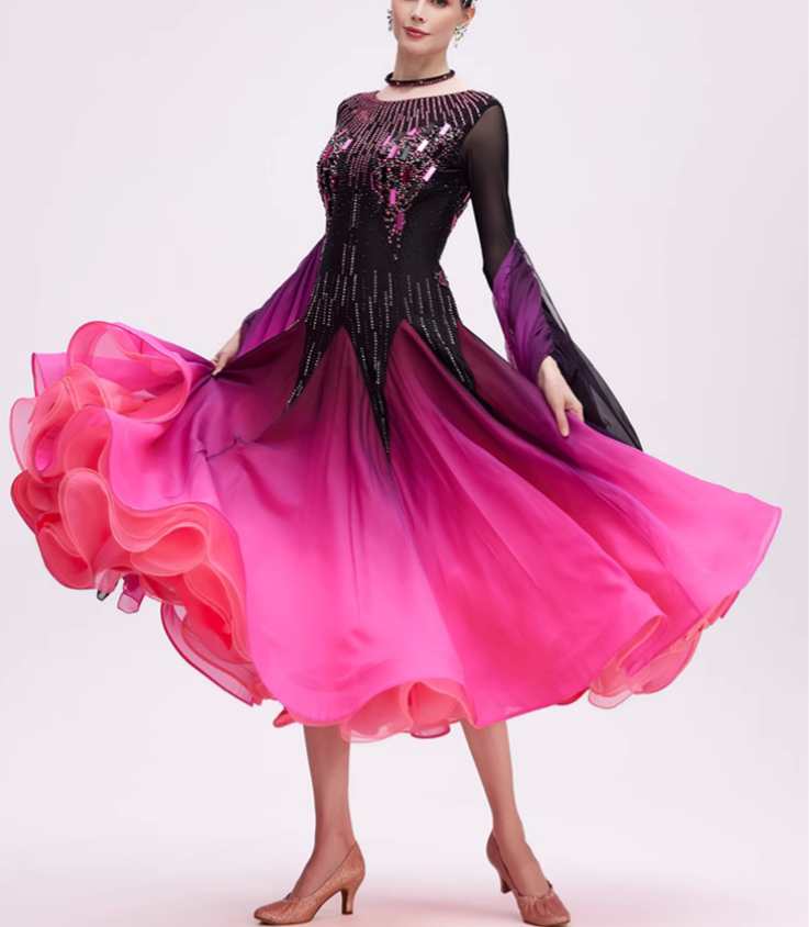 Custom Size Fuchsia Ballroom Dance Dresses for Women Waltz Tango Rhythm National Standard Dance Gown - Moderndancedress.com