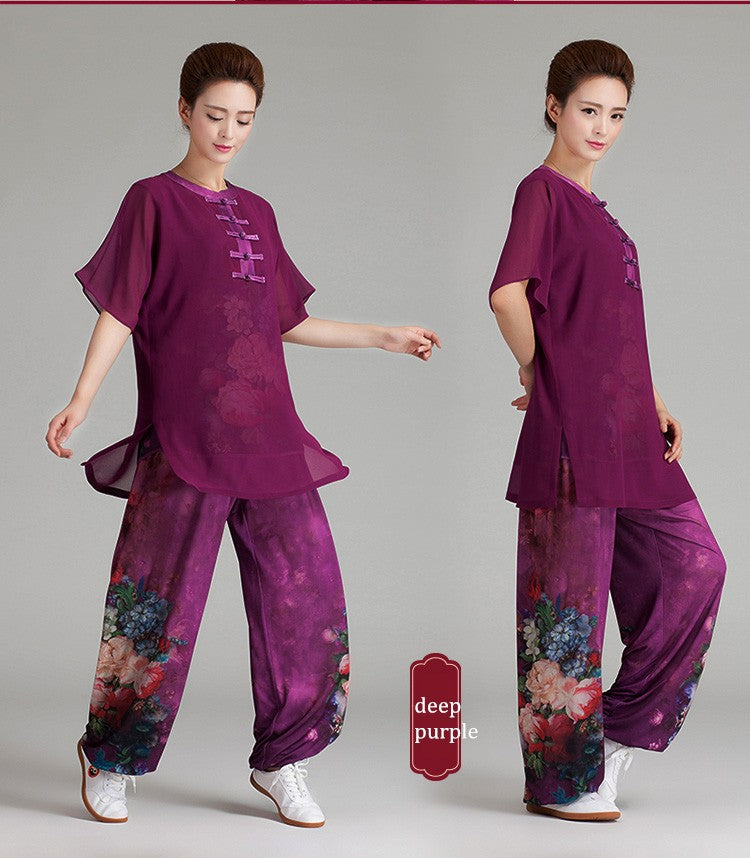 Chinese Short-sleeved Tai Chi Clothing Lightweight Yarn Ice Silk Middle-sleeve Morning Exercise Performance Dress Tai Chi/ Tai Ji, Kung Fu/Wushu sports - Moderndancedress.com