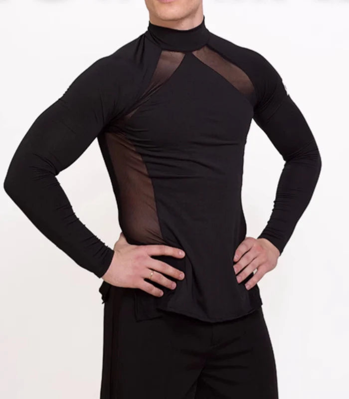 Men's Latin Ballroom Dance Shirts Black Leopard Blue Lace Waltz Tango Flamenco Chacha Dancing Tops for Man - Moderndancedress.com