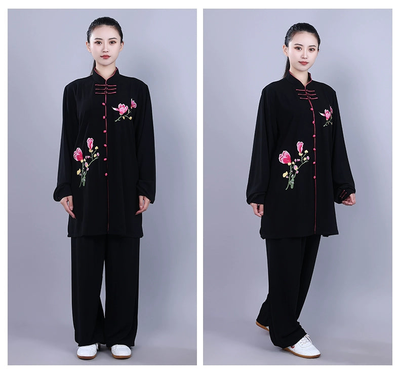 Black Flowers Tai Chi Clothing for Women Chinese Cotton Breathable Kungfu Uniforms Wushu Martial Arts Performance Clothes - Moderndancedress.com