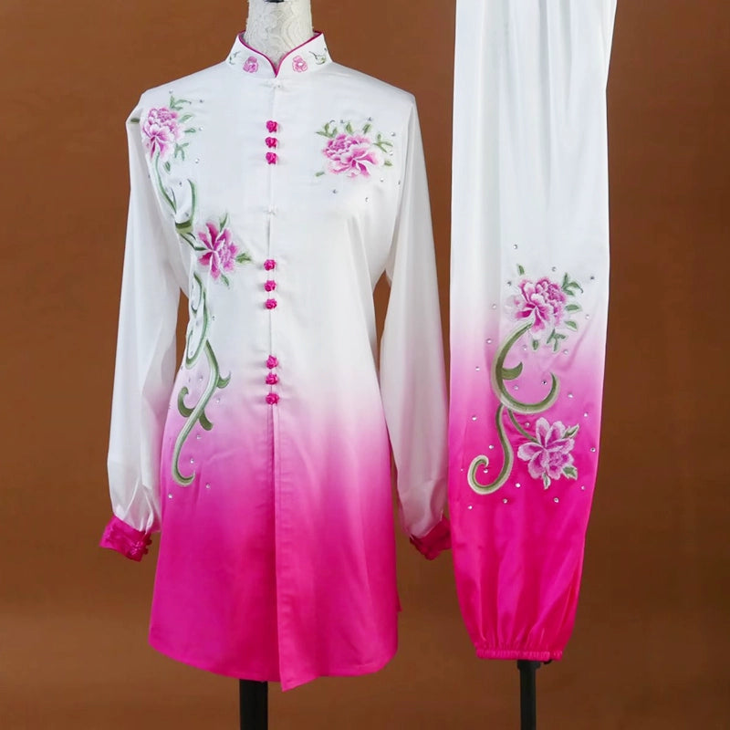 Customized size competition tai chi clothes peony flower embroidered wushu performance uniforms for women group perform suit for female - Moderndancedress.com
