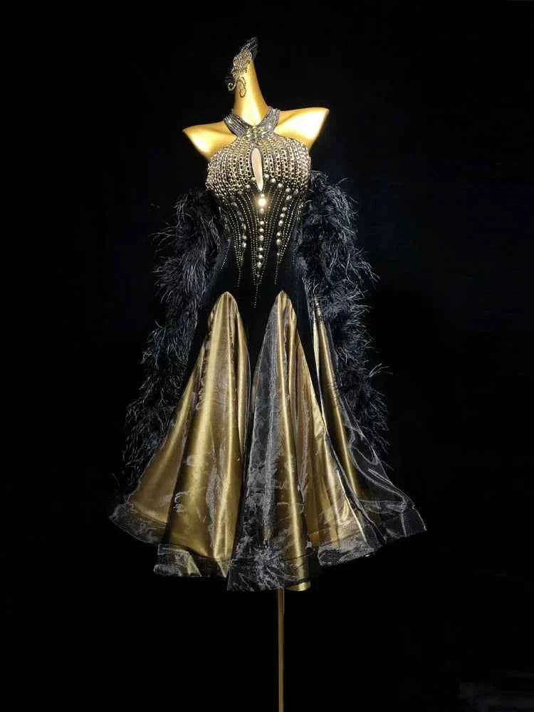 Custom Size Black Gold Velvet Ballroom Dance Dress Feather Float Moderndancedress.com Custom Size Black Gold Velvet Ballroom Dance Dress Feather Float Moderndancedress.com