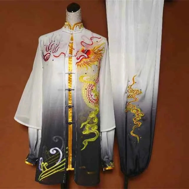 Custom Size White Black Gradient Tai Chi Clothing for Unisex Embroidery Dragon Wushu Martial Art Changquan Competition Uniforms