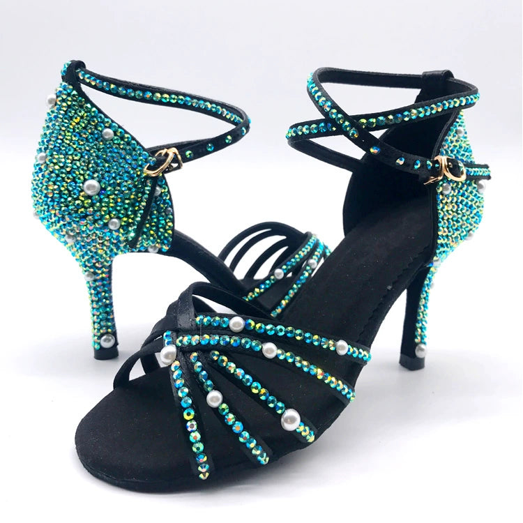 Blue Rhinestones Women Latin Dance Shoes  Salsa Rumba Chacha Samba Soft Sole Dancing Sandals