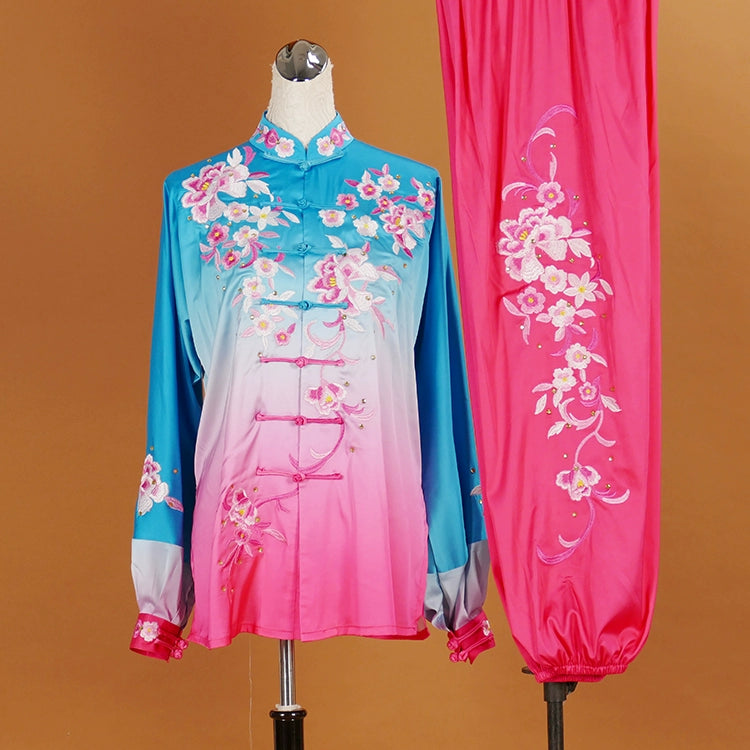 Customized size competition tai chi clothing wushu performance clothes blue rose red embroidery martial art performance suit for women - Moderndancedress.com