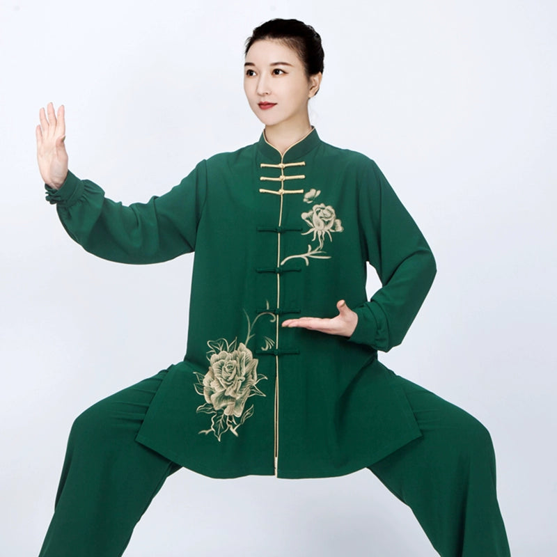 Dark Green Tai Chi Clothing for Women Chinese Kung Fu Uniforms Wushu Martial Art Performance Medium and Long Clothes - Moderndancedress.com