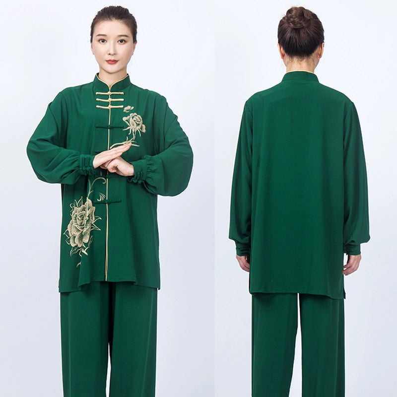 Dark Green Tai Chi Clothing for Women Chinese Kung Fu Uniforms Wushu Martial Art Performance Medium and Long Clothes - Moderndancedress.com