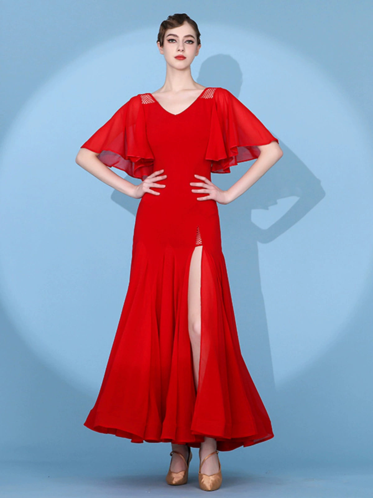 Flying sleeve red black white ballroom dance dress for women girls side slit modern waltz tango foxtrot smooth waltz practice gown Moderndancedress.com Flying sleeve red black white ballroom dance dress for women girls side slit modern waltz tango foxtrot smooth waltz practice gown Moderndancedress.com