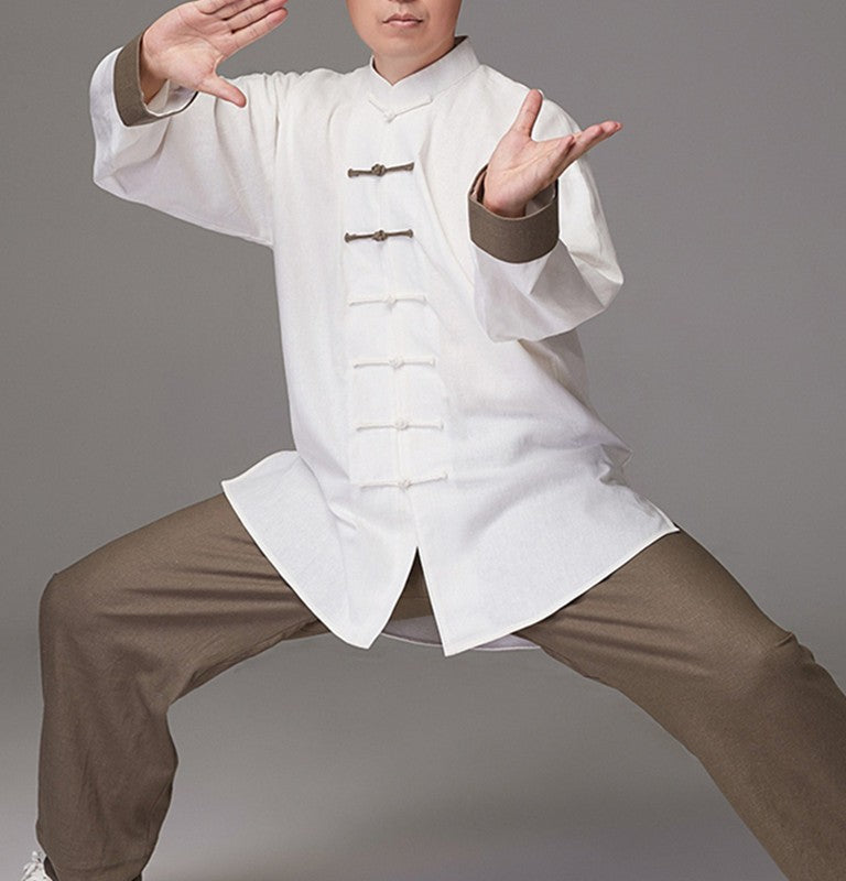 Blue green white Linen Tai Chi Clothing for unisex chinese kung fu martial art wushu practice stage performance clothes morning exercises fitness uniforms for women and men - Moderndancedress.com