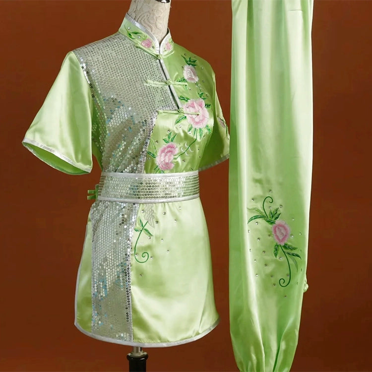 Customized size Peony flower embroidered martial arts wushu competition clothes long fist kung fu performance uniforms for adult kids - Moderndancedress.com