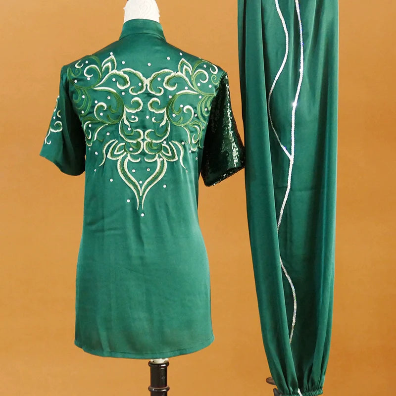 Customized size dark green tai chi clothing Martial art clothes for adult kids Changquan Nanquan Wushu competition Uniforms - Moderndancedress.com