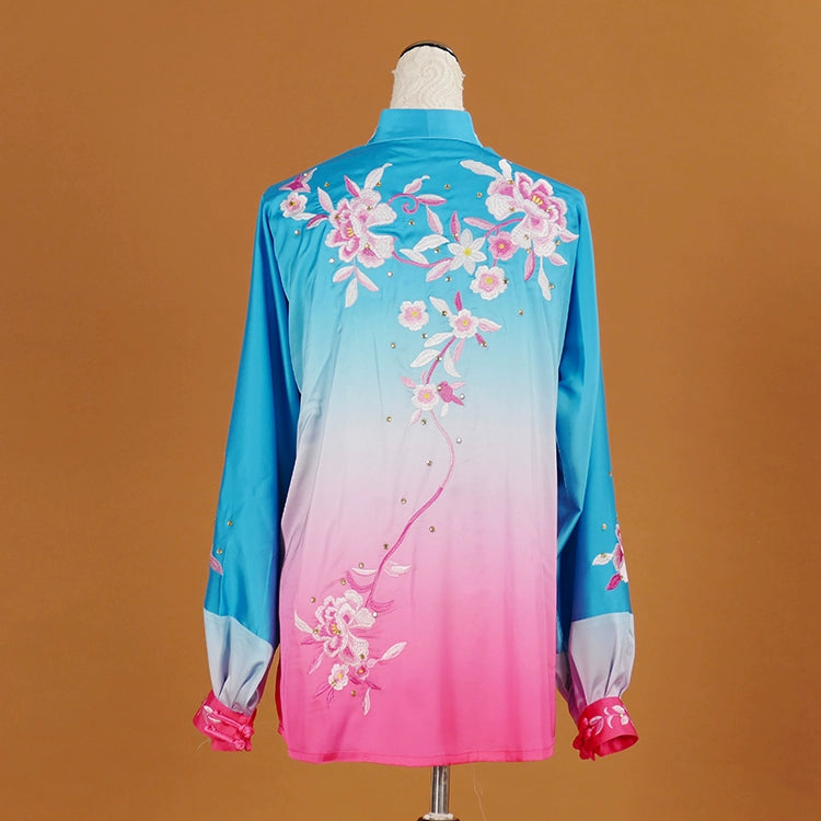 Customized size competition tai chi clothing wushu performance clothes blue rose red embroidery martial art performance suit for women - Moderndancedress.com