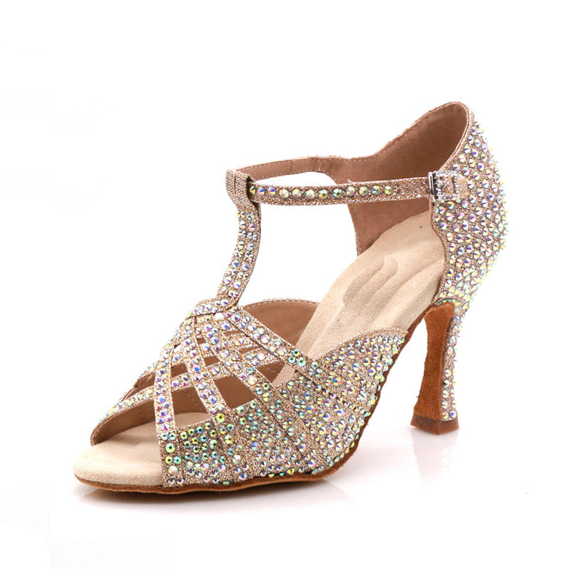 Women Latin Dance Shoes Light Gold Bling Salsa Rumba Chacha Dancing Sandal Soft Soles Raveparty Dance Shoes