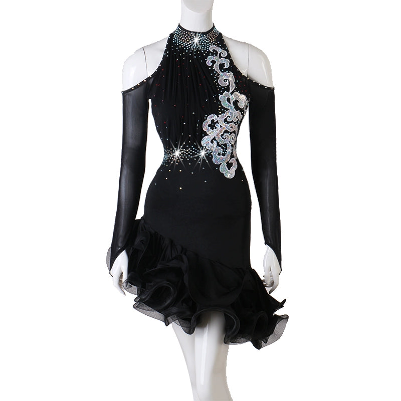 Black Hollow Shoulder Latin Dance Dress for Women Girls Salsa Rumba