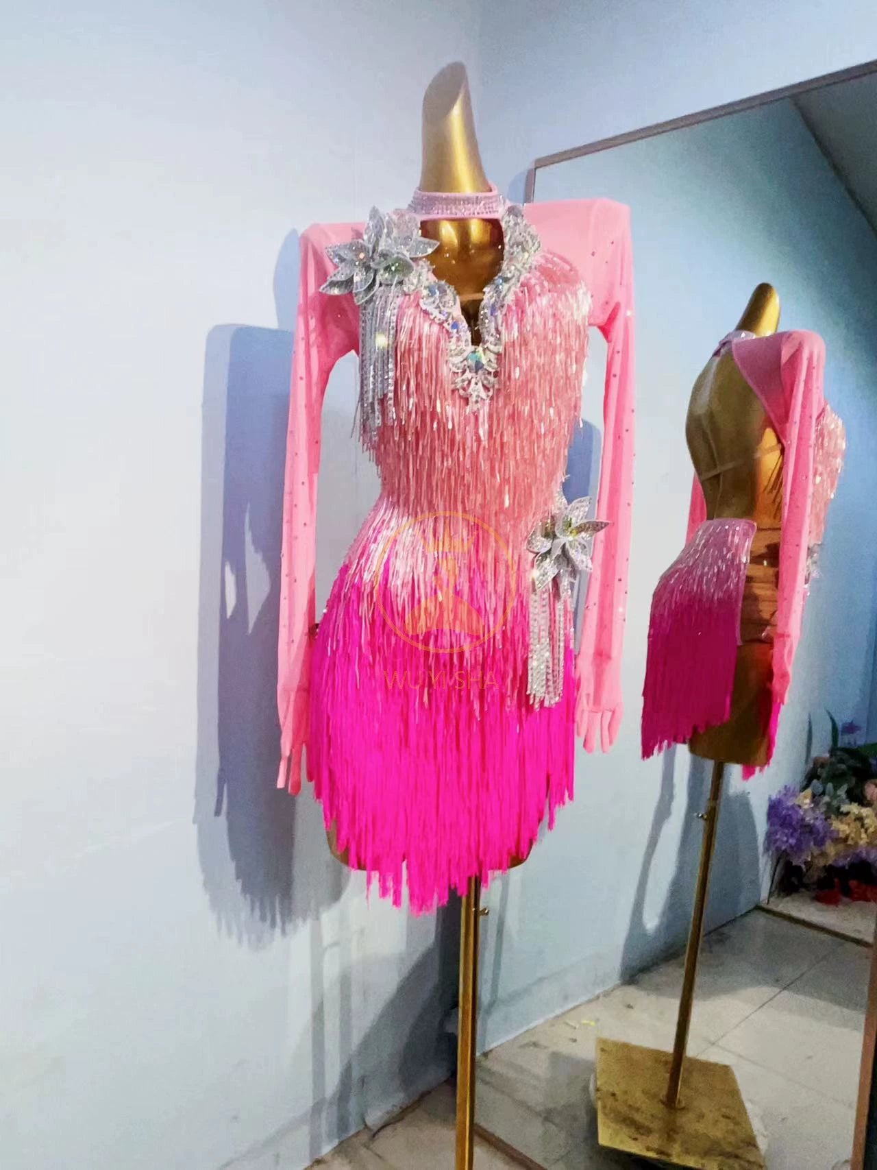 Custom Size Pink Bling Fringe Competition Latin Dance Dresses Blackpool Dance Wear for Women - Moderndancedress.com