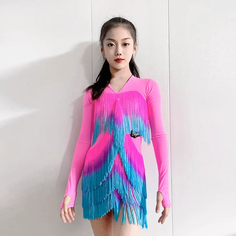 Navy Hot Pink Blue Gradient Fringe Long Sleeves Latin Dance Dresses for Girls Kids Salsa Rumba Chacha Party Performance Outfits for Children Moderndancedress.com Navy Hot Pink Blue Gradient Fringe Long Sleeves Latin Dance Dresses for Girls Kids Salsa Rumba Chacha Party Performance Outfits for Children Moderndancedress.com