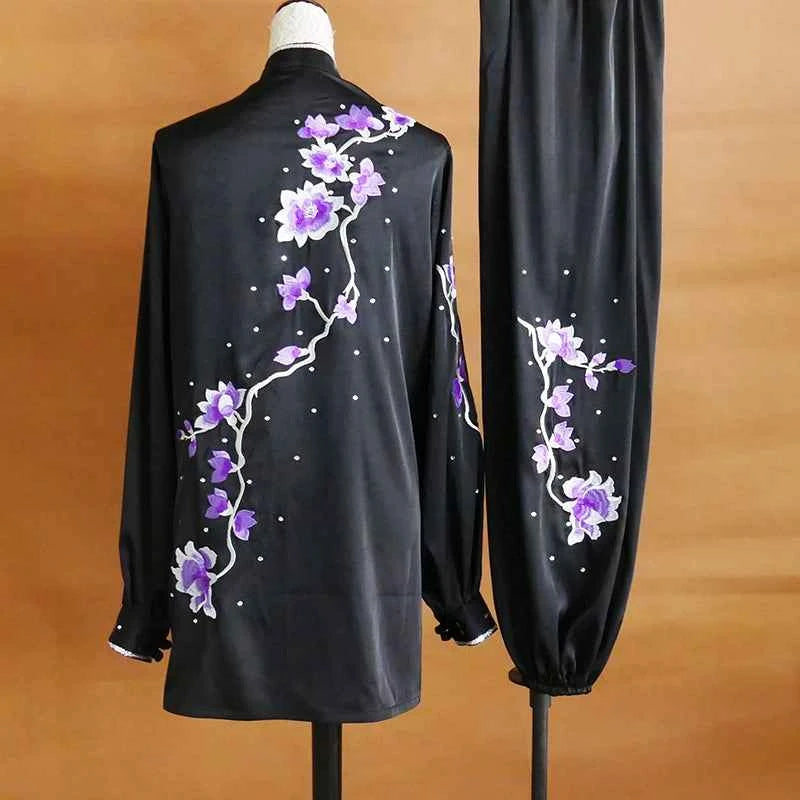 Custom Size Tai Chi Clothing for Women Black Purple Flower Embroidered Martial Arts Wushu Competition Uniforms