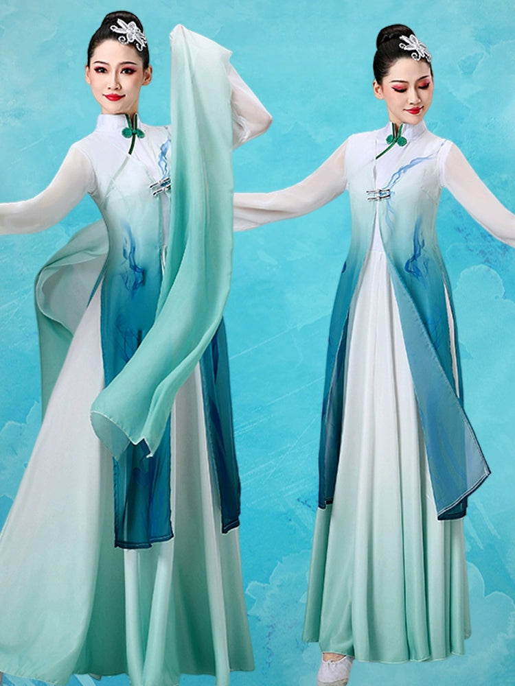 Blue Chinese Classical dance costumes for women girls water sleeves Han Tang hanfu hua Dan Yichuan Qingyi Yinjiang Dance dressess – Moderndancedress.com