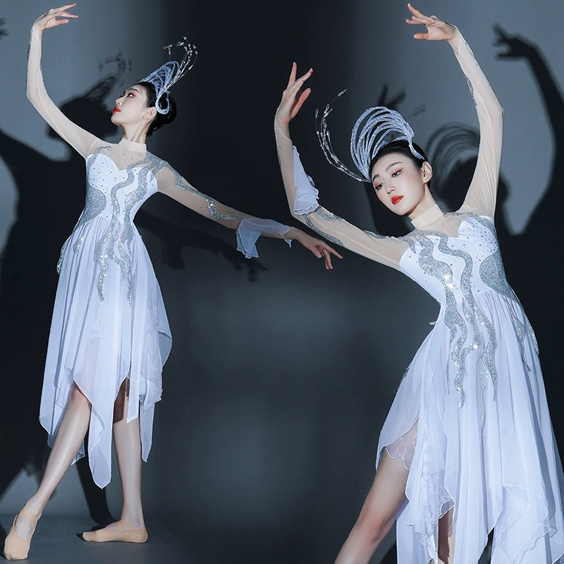 Contemporary Dance Dresses for Women Girls White Chiffon Modern Ballet Dance Dresses Irregular Flowy Skirts - Moderndancedress.com