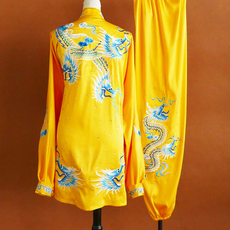 Custom Size Competition Tai Chi Clothing for Unisex Yellow Embroidered Dragon Wushu Chinese KungFu Uniforms - Moderndancedress.com