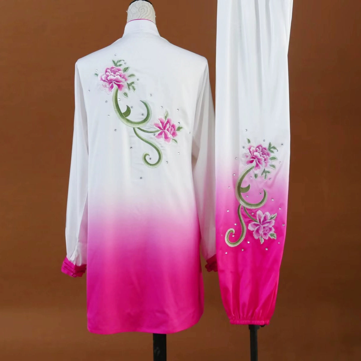 Customized size competition tai chi clothes peony flower embroidered wushu performance uniforms for women group perform suit for female - Moderndancedress.com