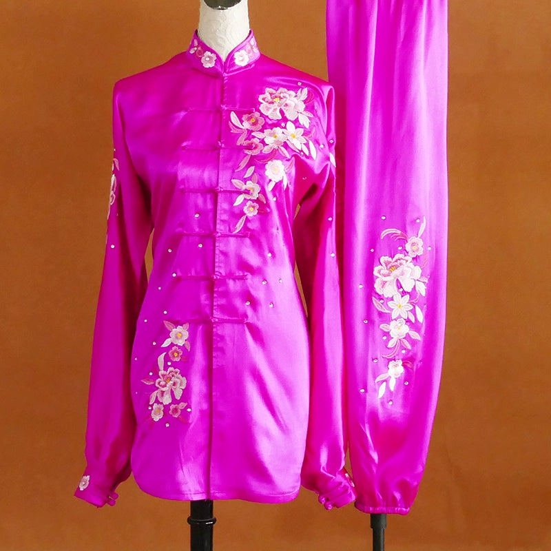 Custom Size Chinese kung fu uniforms tai chi performance clothing for women Rose red flower embroidery martial art qigong dance suit - Moderndancedress.com