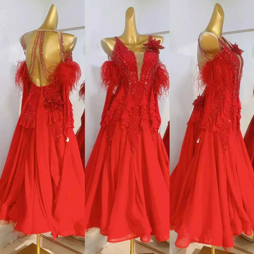 Custom Size Competition Ballroom Dance Dresses for Women Girls Navy Red Waltz Tango Flamenco Dancing Costumes