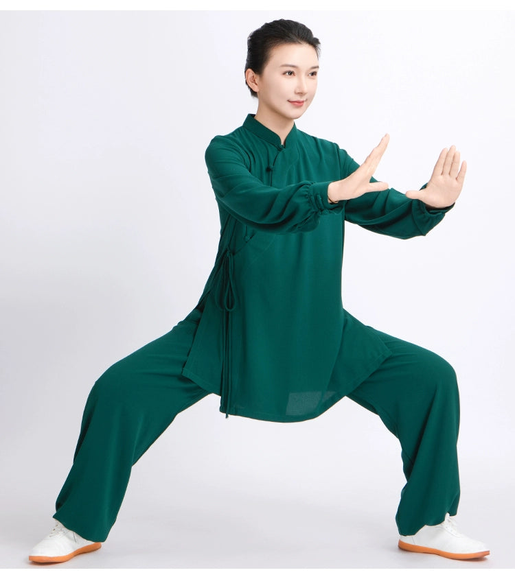 Dark Green Tai Chi Clothing for Women Cotton Chinese KungFu Uniforms Wushu Martial Arts Baduanjin Practice Clothes - Moderndancedress.com