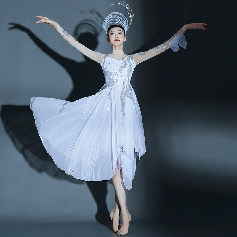 Contemporary Dance Dresses for Women Girls White Chiffon Modern Ballet Dance Dresses Irregular Flowy Skirts - Moderndancedress.com