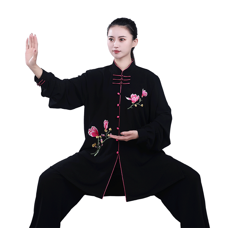 Black Flowers Tai Chi Clothing for Women Chinese Cotton Breathable Kungfu Uniforms Wushu Martial Arts Performance Clothes - Moderndancedress.com